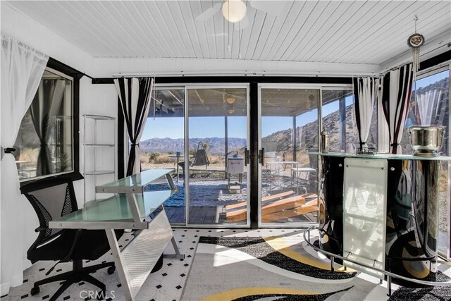 49490 Big Morongo Canyon Rd, Morongo Valley, CA 92256 - sunroom featuring a mountain view and wood ceiling
