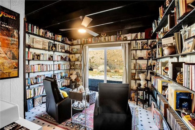 49490 Big Morongo Canyon Rd, Morongo Valley, CA 92256 - living area featuring ceiling fan and bookshelves