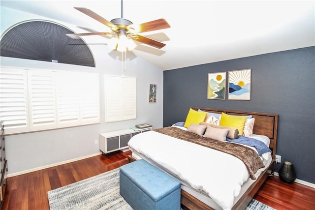 7223 Yarnell Rd, Highland, CA 92346 - bedroom with wood finished floors, vaulted ceiling, baseboards, and a ceiling fan