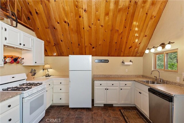 1192 Evergreen Ln, Lake Arrowhead, CA 92352 - kitchen with white appliances, a sink, white cabinets, light countertops, and lofted ceiling
