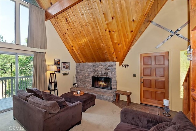 1192 Evergreen Ln, Lake Arrowhead, CA 92352 - living area with wooden ceiling with exposed beams, a fireplace, and high vaulted ceiling