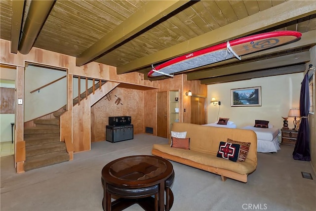 1192 Evergreen Ln, Lake Arrowhead, CA 92352 - living room with wood walls, stairs, and wooden ceiling with exposed beams