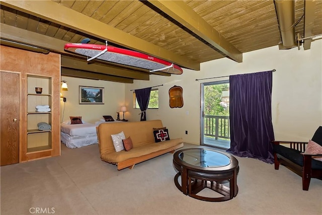 1192 Evergreen Ln, Lake Arrowhead, CA 92352 - living room with carpet flooring and wooden ceiling with exposed beams
