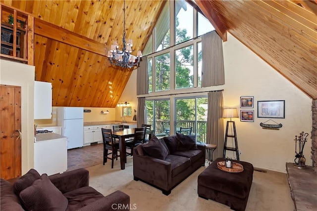 1192 Evergreen Ln, Lake Arrowhead, CA 92352 - carpeted living room with high vaulted ceiling, a chandelier, a sink, and wooden ceiling