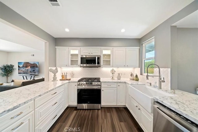 3021 E Hartford Rd, Orange, CA 92869 - kitchen with appliances with stainless steel finishes, dark wood-style flooring, light stone counters, and recessed lighting