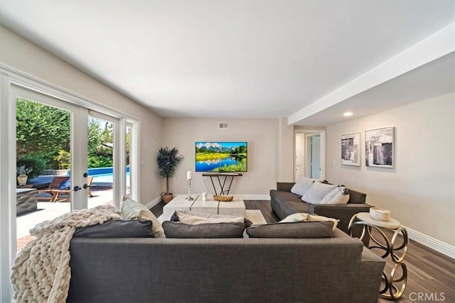 3021 E Hartford Rd, Orange, CA 92869 - living area featuring wood finished floors, french doors, and recessed lighting
