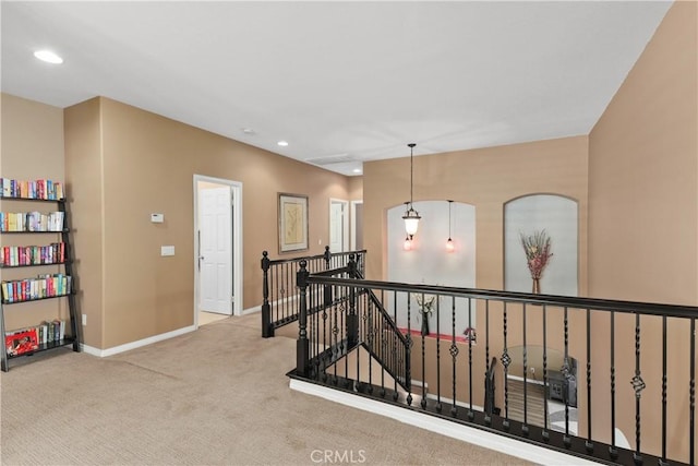 25079 Loring Rd, Wildomar, CA 92595 - hallway featuring an upstairs landing, carpet floors, baseboards, and recessed lighting