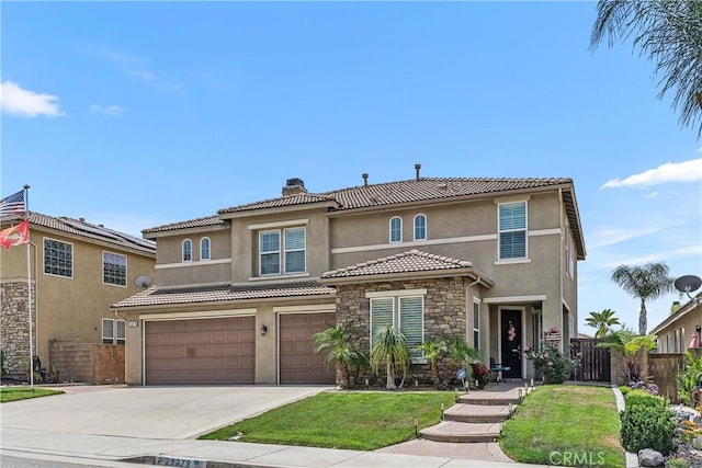 25079 Loring Rd, Wildomar, CA 92595 - mediterranean / spanish home featuring an attached garage, stucco siding, concrete driveway, stone siding, and a chimney
