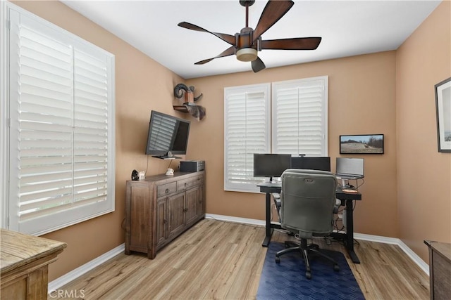 25079 Loring Rd, Wildomar, CA 92595 - office featuring ceiling fan, light wood-style flooring, and baseboards