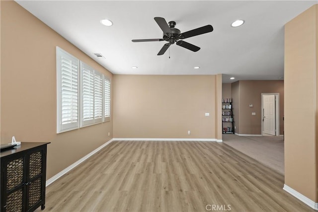 25079 Loring Rd, Wildomar, CA 92595 - unfurnished living room featuring recessed lighting, baseboards, ceiling fan, and light wood finished floors