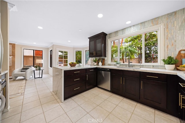 20 Chenile, Irvine, CA 92614 - kitchen featuring dishwasher, a sink, a peninsula, light tile patterned floors, and recessed lighting