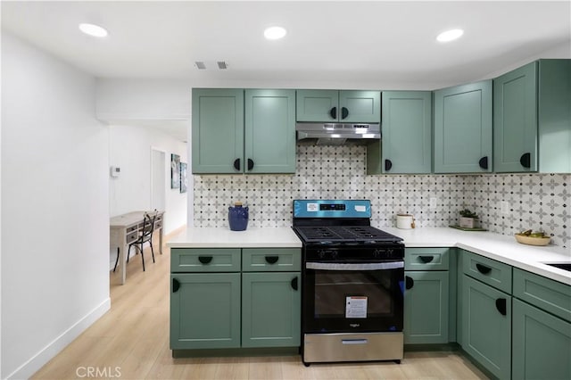 2218 S Meridian Ave, Alhambra, CA 91803 - kitchen with stainless steel gas stove, green cabinets, under cabinet range hood, light countertops, and recessed lighting