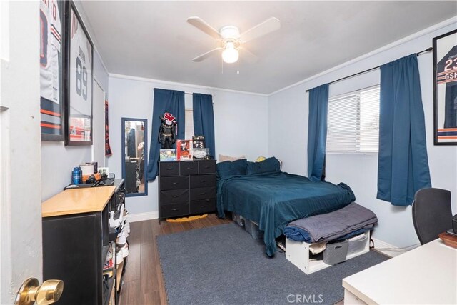 14121 Calais St, Baldwin Park, CA 91706 - bedroom with dark wood-type flooring, ornamental molding, a ceiling fan, and baseboards