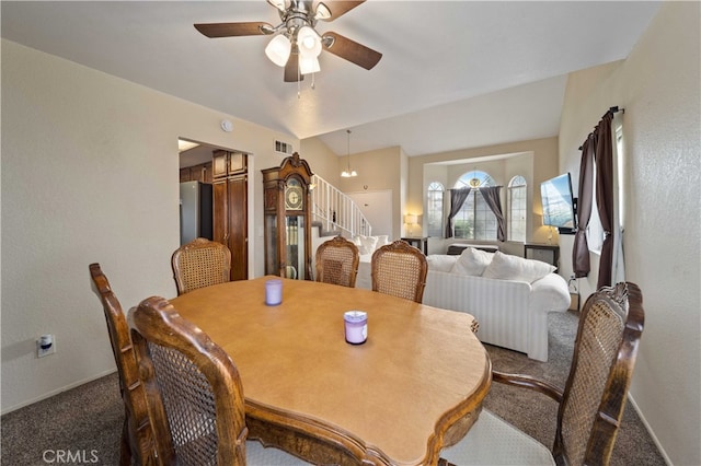 43816 Fallon Dr, Lancaster, CA 93535 - dining area featuring carpet, baseboards, ceiling fan, and stairway