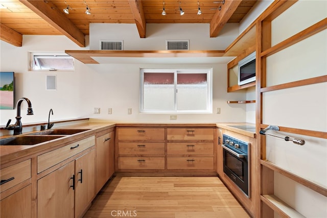 1623 W Balboa Blvd, Newport Beach, CA 92663 - kitchen featuring oven, a sink, wooden ceiling with exposed beams, light wood-style floors, and stainless steel microwave