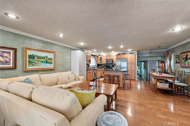 1623 W Balboa Blvd, Newport Beach, CA 92663 - living area with ornamental molding, light wood-style floors, and recessed lighting