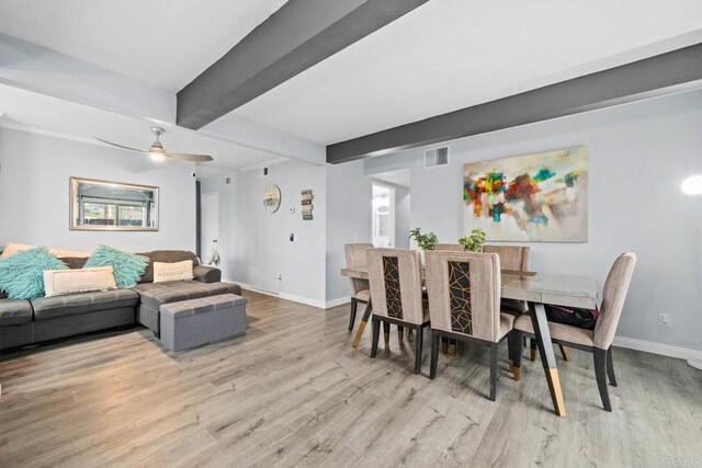 1380 E Washington Ave Unit 2, El Cajon, CA 92019 - dining area with light wood-style flooring, baseboards, beam ceiling, and ceiling fan