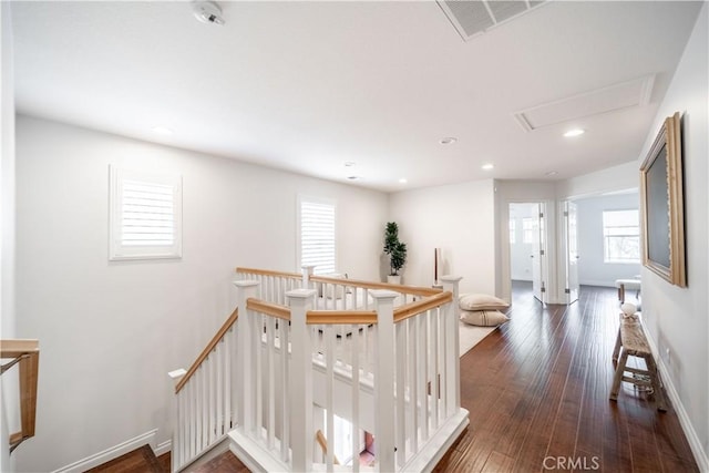 1803 Chambers Ct, Fullerton, CA 92833 - hall with an upstairs landing, dark wood-style flooring, recessed lighting, baseboards, and attic access