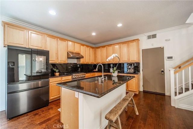 1803 Chambers Ct, Fullerton, CA 92833 - kitchen featuring stainless steel appliances, light brown cabinets, under cabinet range hood, a sink, and recessed lighting