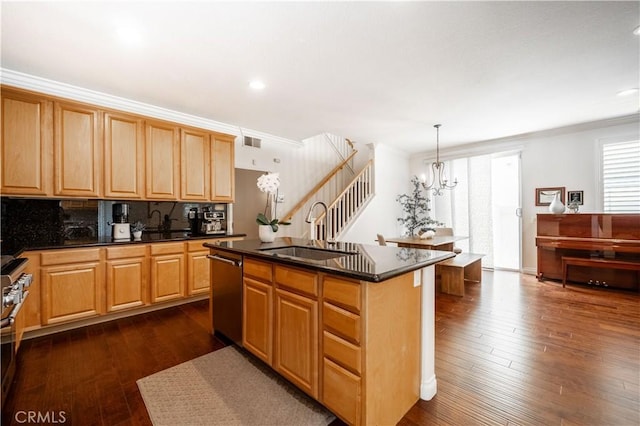 1803 Chambers Ct, Fullerton, CA 92833 - kitchen with appliances with stainless steel finishes, a sink, crown molding, a chandelier, and dark wood-style floors