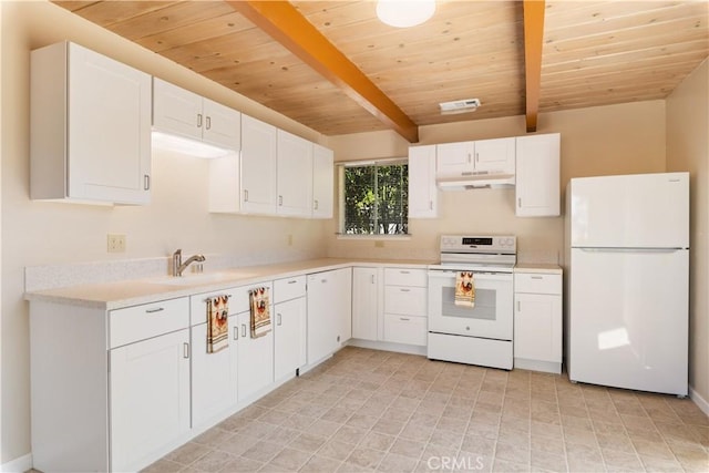 3996 Leonore Ave, Clearlake, CA 95422 - kitchen featuring white appliances, under cabinet range hood, a sink, wood ceiling with exposed beams, and white cabinets