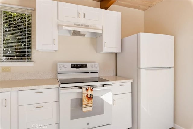 3996 Leonore Ave, Clearlake, CA 95422 - kitchen featuring white appliances, under cabinet range hood, light countertops, and white cabinets