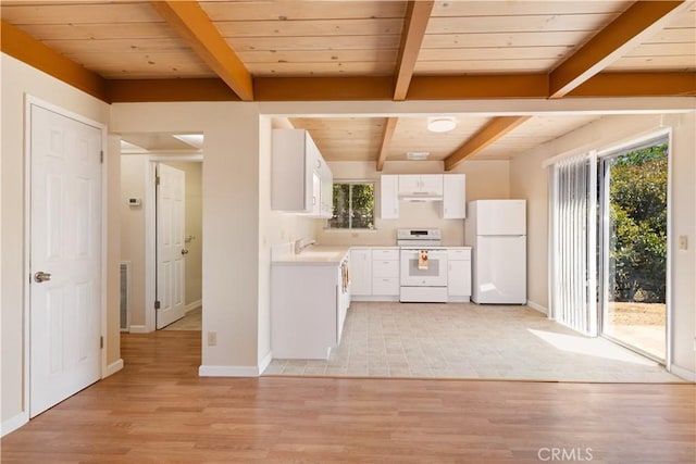 3996 Leonore Ave, Clearlake, CA 95422 - kitchen featuring white appliances, light wood-style flooring, light countertops, white cabinets, and wooden ceiling with exposed beams