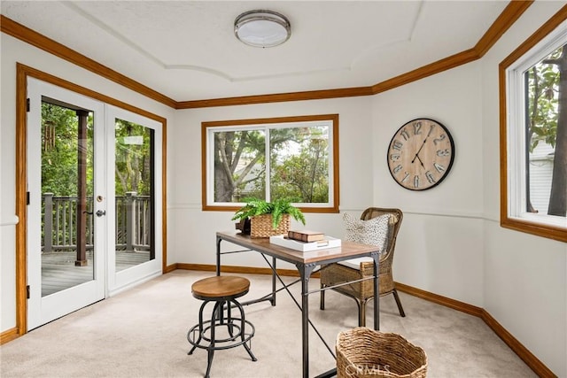 32022 Via Pavo Real, Coto De Caza, CA 92679 - dining area featuring light carpet, baseboards, ornamental molding, and french doors