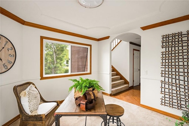 32022 Via Pavo Real, Coto De Caza, CA 92679 - dining area with arched walkways, stairs, ornamental molding, and wood finished floors