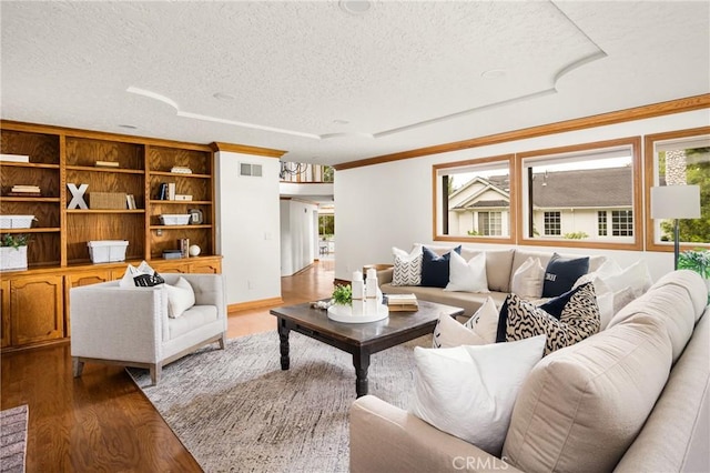 32022 Via Pavo Real, Coto De Caza, CA 92679 - living room with a textured ceiling, wood finished floors, and crown molding