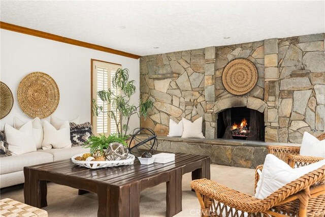 32022 Via Pavo Real, Coto De Caza, CA 92679 - carpeted living area featuring ornamental molding and a fireplace