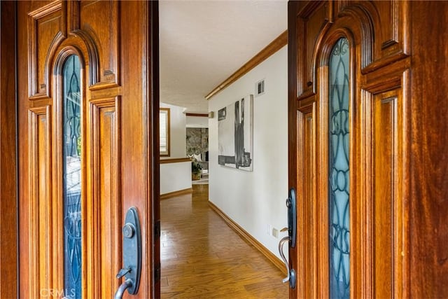 32022 Via Pavo Real, Coto De Caza, CA 92679 - corridor with baseboards, wood finished floors, ornamental molding, and a textured ceiling