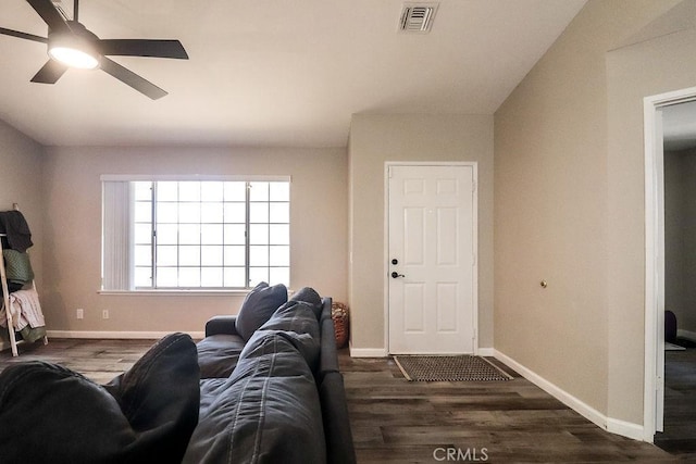 1330 Santa Fe Cir, Needles, CA 92363 - living area with wood finished floors, baseboards, and ceiling fan