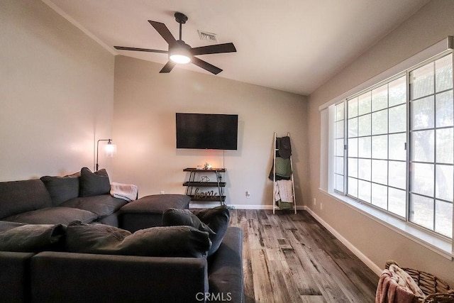 1330 Santa Fe Cir, Needles, CA 92363 - living room featuring lofted ceiling, ceiling fan, wood finished floors, and baseboards