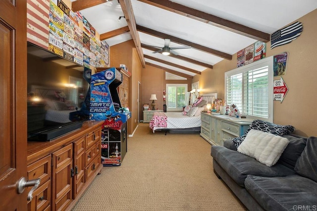 1663 Linda Sue Ln, Encinitas, CA 92024 - bedroom featuring beam ceiling, light colored carpet, and high vaulted ceiling