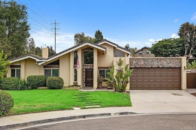 1663 Linda Sue Ln, Encinitas, CA 92024 - mid-century inspired home with a front lawn, concrete driveway, a chimney, an attached garage, and stucco siding