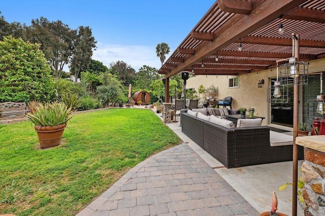 1663 Linda Sue Ln, Encinitas, CA 92024 - view of grassy yard featuring an outdoor living space, a patio area, and a pergola