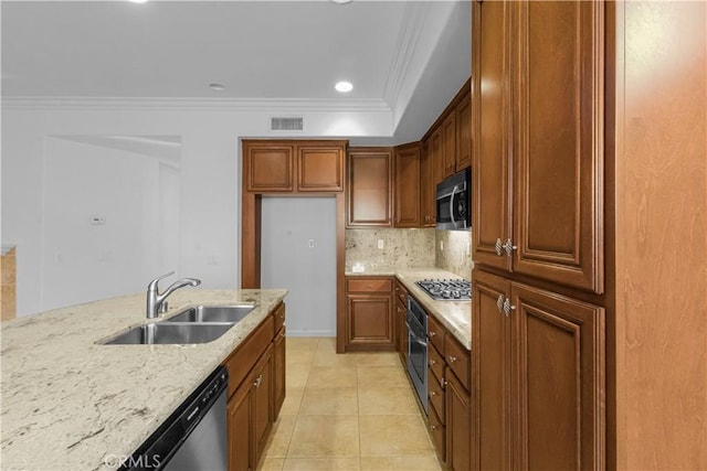 23795 Los Pinos Ct, Corona, CA 92883 - kitchen featuring a sink, appliances with stainless steel finishes, light stone countertops, backsplash, and light tile patterned floors