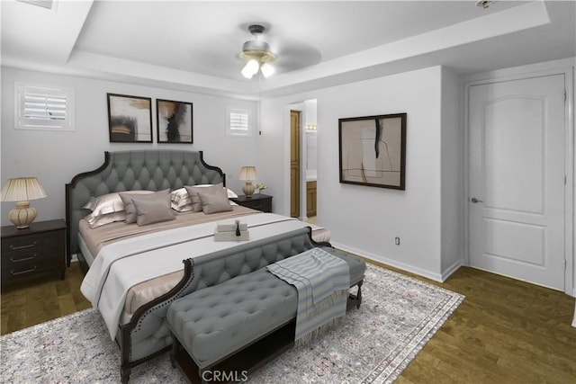 23795 Los Pinos Ct, Corona, CA 92883 - bedroom with a raised ceiling, wood finished floors, baseboards, and a ceiling fan