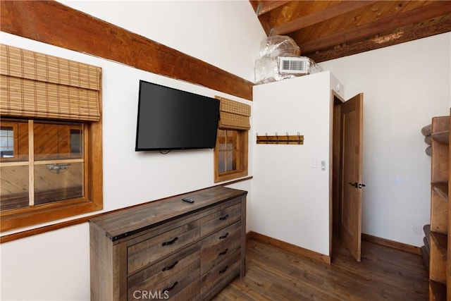 1370 Calgary Dr, Lake Arrowhead, CA 92352 - bedroom with dark wood finished floors, beamed ceiling, and baseboards