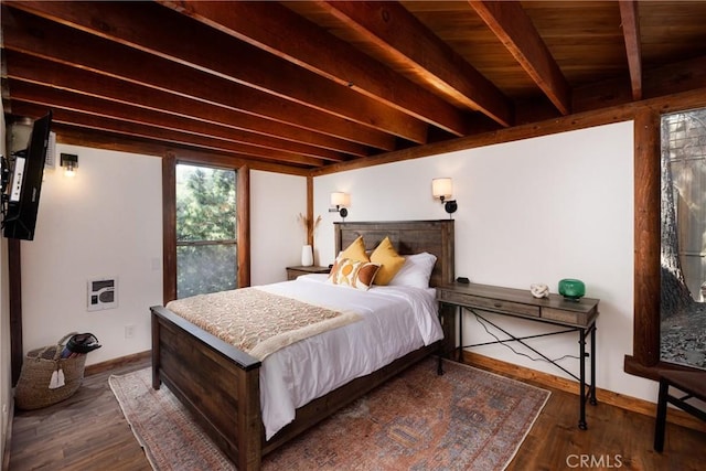 1370 Calgary Dr, Lake Arrowhead, CA 92352 - bedroom with beam ceiling, wood finished floors, baseboards, and heating unit