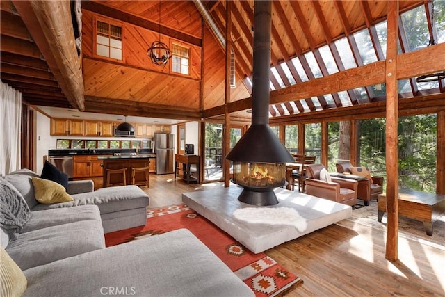 1370 Calgary Dr, Lake Arrowhead, CA 92352 - living area with high vaulted ceiling, a wood stove, healthy amount of natural light, wooden ceiling with exposed beams, and light wood-type flooring