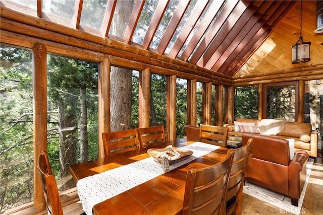 1370 Calgary Dr, Lake Arrowhead, CA 92352 - sunroom with plenty of natural light, high vaulted ceiling, and wood finished floors