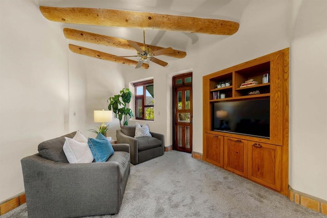 3198 Ashley Park Way, Jamul, CA 91935 - living area featuring beam ceiling, light carpet, a ceiling fan, and baseboards