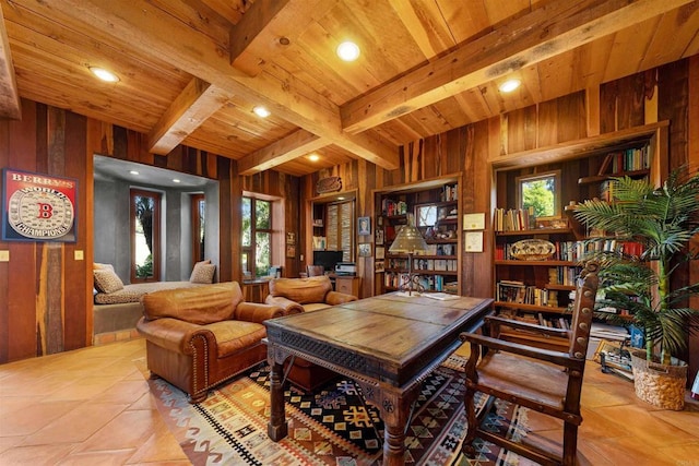 3198 Ashley Park Way, Jamul, CA 91935 - living room featuring wooden walls, wooden ceiling with exposed beams, and tile patterned floors