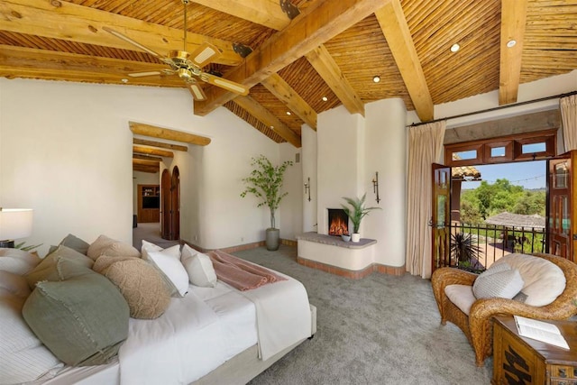 3198 Ashley Park Way, Jamul, CA 91935 - living area featuring wooden ceiling, carpet flooring, a large fireplace, and ceiling fan
