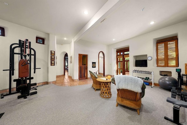 3198 Ashley Park Way, Jamul, CA 91935 - workout area with arched walkways, recessed lighting, baseboards, and carpet