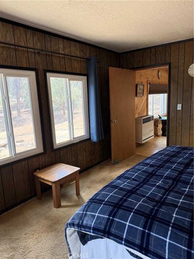 98011 Maine Rd, Kennedy Meadows, CA 93527 - bedroom featuring wood walls, a textured ceiling, heating unit, and carpet flooring
