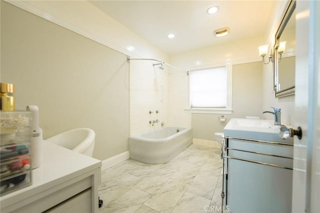 1281 E Orange Grove Blvd, Pasadena, CA 91104 - bathroom with toilet, marble look tiles, vanity, bathtub / shower combination, and baseboards
