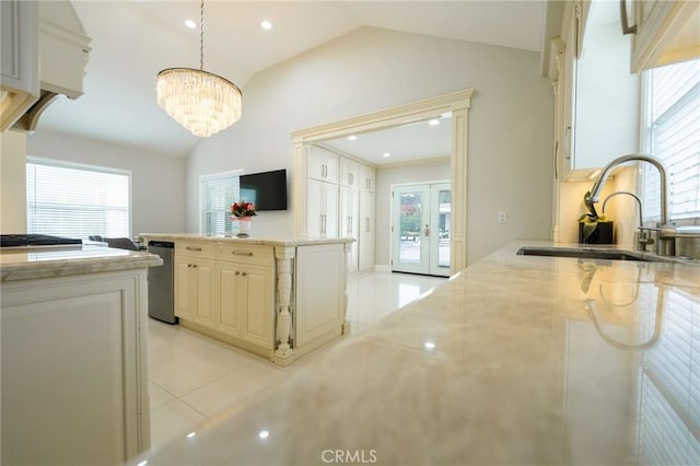 1281 E Orange Grove Blvd, Pasadena, CA 91104 - kitchen with a sink, light tile patterned floors, lofted ceiling, a chandelier, and pendant lighting